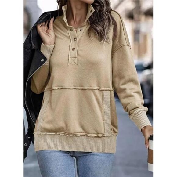 Womens Sweatshirt Long Sleeve Lightweight Sweatshirts Button Loose Pullover Tops - Picture 3 of 6